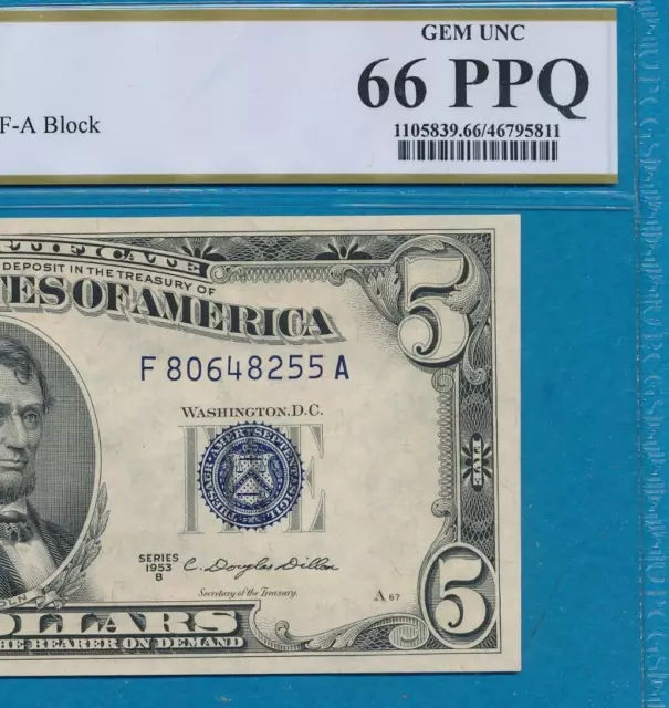 $5.00 1953-B  Blue Seal Silver Certificate Pcgs Gem New 66Ppq