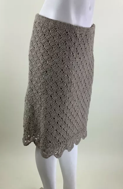 J Jill Sz M Hand Crochet Skirt Brown Linen Polyester Pull On Elastic Waist    BP 3
