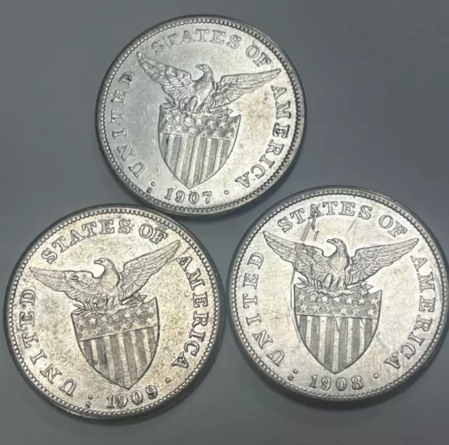 3 United States Philippines One Peso Silver Coin 1907s 1908s 1909s 80%  #AP40