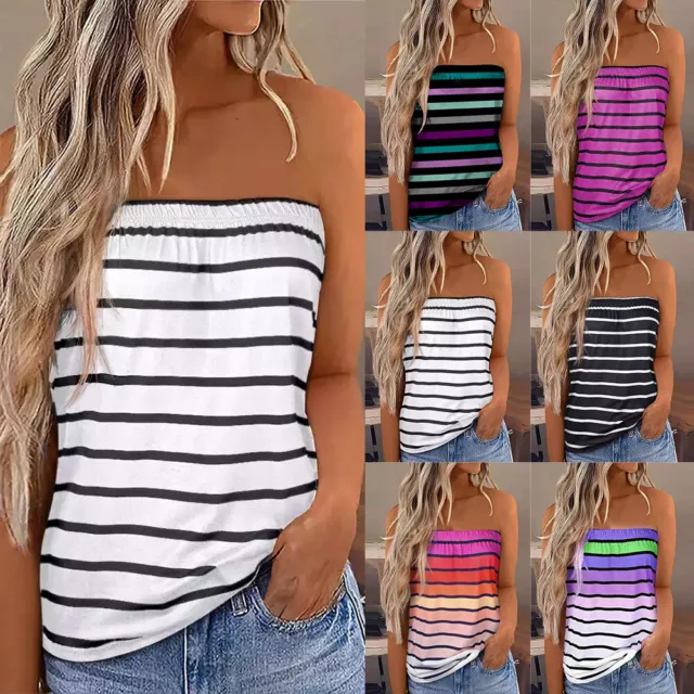 Women Striped Strapless Sleeveless Boob Tube Ladies Bandeau Top Summer size 6-14