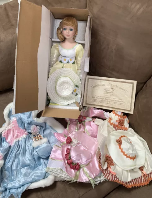 PORCELAIN DOLL THE HERITAGE SIGNATURE COLLECTION w/4 SEASONS DRESSES NEW 14”