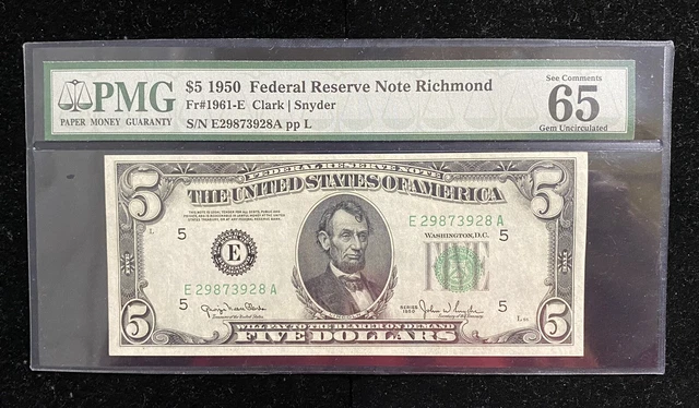 1950 $5 Richmond Federal Reserve Note PMG 65 EPQ