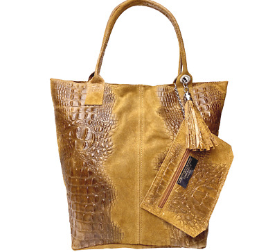 Italian Leather & Suede Croc Embossed X-Large Shoulder Bag Tote - Made In Italy