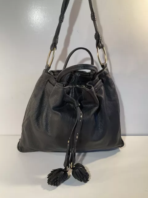 SIGRID OLSEN LARGE BLACK LEATHER PURSE SHOULDER BAG PACKABLE 16x12” TASSELS NWOT