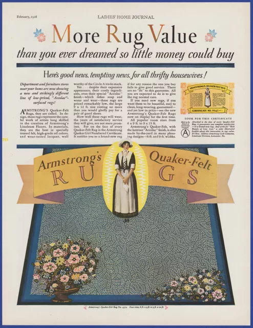 Vintage 1928 ARMSTRONG'S Quaker-Felt Rugs Carpet Flooring Décor 20's Print Ad