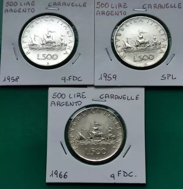 Lotto 3 Monete 500 Lire argento - caravelle anni vari - ottime