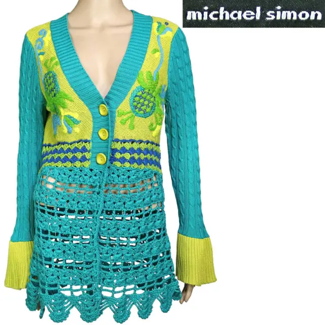 90s Y2K Vintage Michael Simon Cardigan Sweater Crochet Embroidery Bell Sleeve M