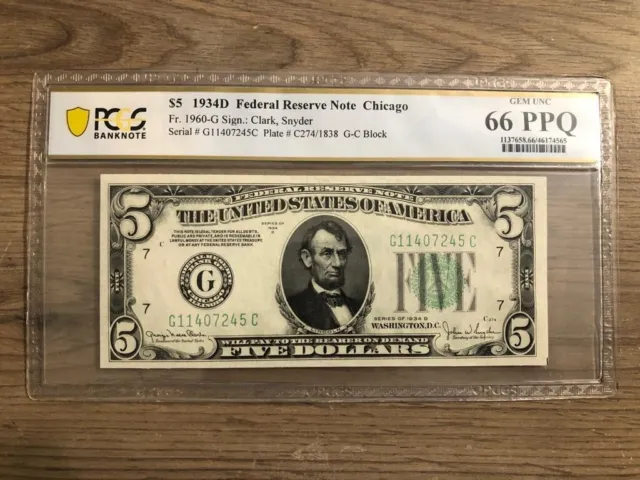 1934D Chicago 5$ 5 Dollar Note Very Rare - PCGS Graded Gem UNC 66PPQ