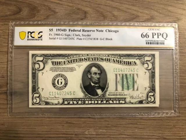 1934D Chicago 5$ 5 Dollar Note Very Rare - PCGS Graded Gem UNC 66PPQ