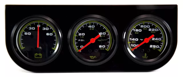 Triple Gauge 38mm in Water Temperature, Oil Pressure and Ammeter with Panel