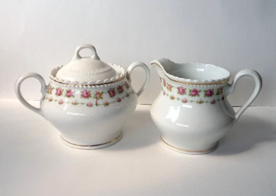 P K Silesia Porcelain Antique Cottagecore Cream & Sugar Set, White w Pink Roses