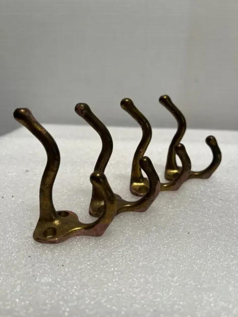 Set of 4 Antique Cast Iron Matching Wall Coat Hooks, Brass Color, 3-1/4" Vintage