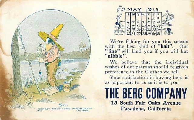 May 1913 Calendar Advertising Postcard The Berg Co., Pasadena, California