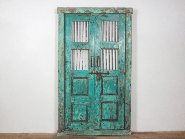Large Green Antique Reclaimed Indian Wooden Doors Shutters Gates With Frame