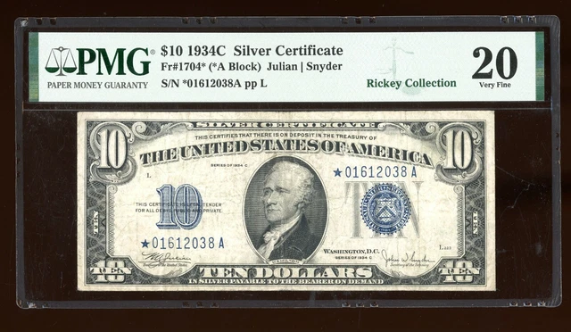 DBR 1934-C $10 Silver STAR Fr. 1704* PMG VF-20 Serial *01612038A