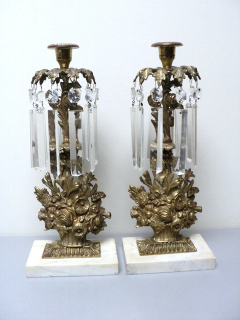 ELEGANT PAIR MID-19th C. AMERICAN CAST BRASS GIRANDOLES with CRYSTAL PRISMS