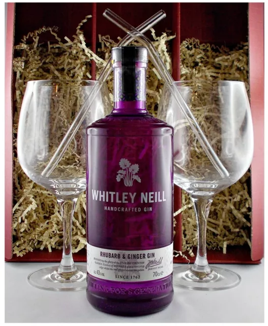 Whitley Neill Rhubarb & Ginger Gin + 2 Cocktailgläser + 2 Trinkhalme Geschenk