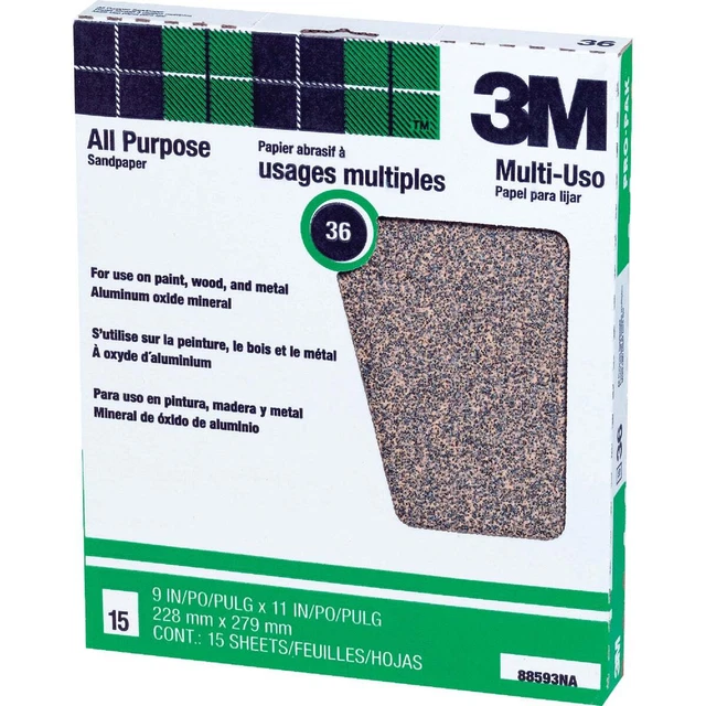 3M All-Purpose 9 In. x 11 In. 36 Grit Extra Coarse Sandpaper (15-Pack) 88593NA