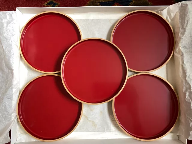 Japanese Wooden Magewappa Akita Sugi Cedar + Red Lacquer ￼Set of 5 Small Plates