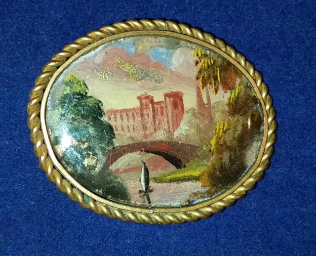 Miniature Painting Landscape Brooch Castle 18th Century Scene Antique Victorian