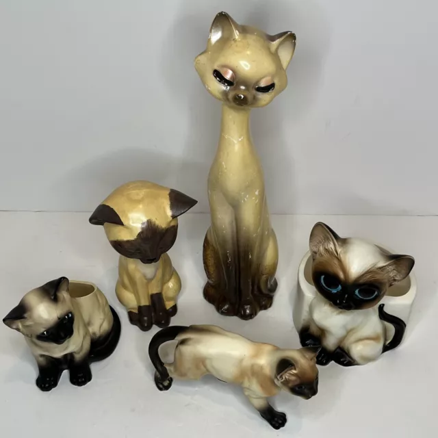 Vtg Porcelain Ceramic Siamese Cat Figurine/Planter Lot of 5 Lefton Napco Japan