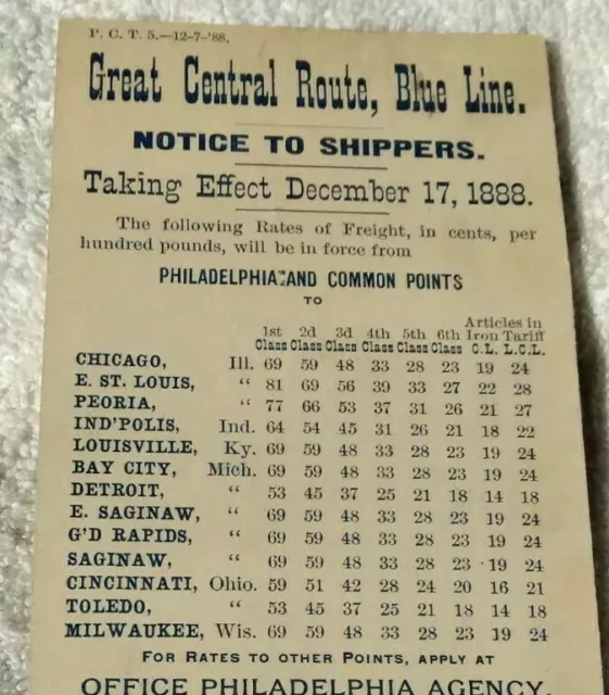 1888 Great Central Route Blue Line Railroad Postcard Notice Shipping Rates Train