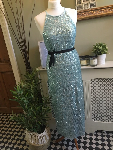 ZARA SEQUIN MIDI Dress Halter Neck Side Splits Turquoise SMALL BNWT  39.99 - PicClick UK