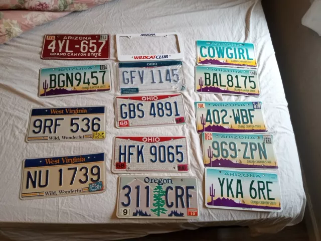 Large lot 13 Used License Plates - many states - Az/Oregon/Oh/ West Virginia