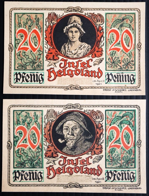 HELGOLAND 1921 1-Sided TEST PRINTS Beyond Specimen! 2x20 Pfennig German Notgeld