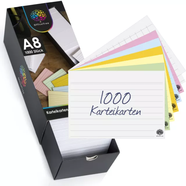 1000 Karteikarten Set A8 Liniert, Kariert, Blanko und Bunt für Studenten Schüler