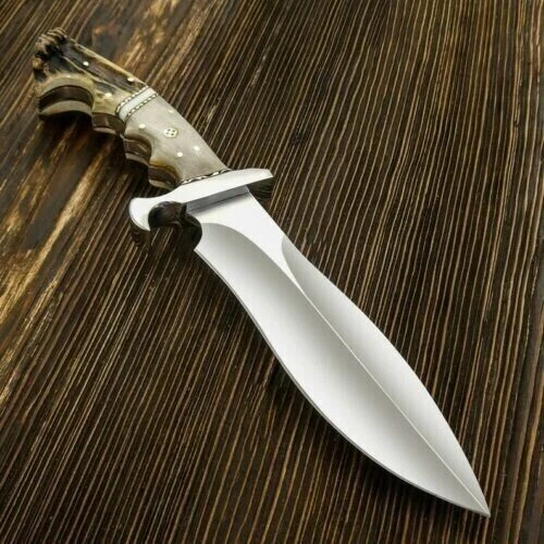 Custom Hand Made D2 Tool Steel Bowie Hunting Knife Stag Crown Antler W/ Sheath