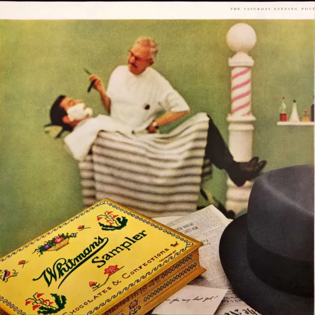 1955 Whitman's Chocolates Vintage Print Ad Man in Barber Chair Straight Razor