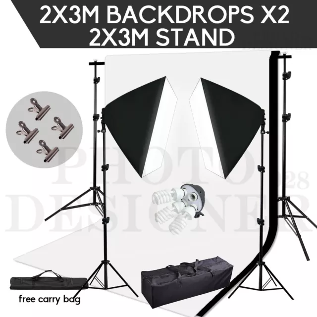 4 Head Studio Softbox Lighting Kit +2x3m Photo Black White Screen Backdrop Stand