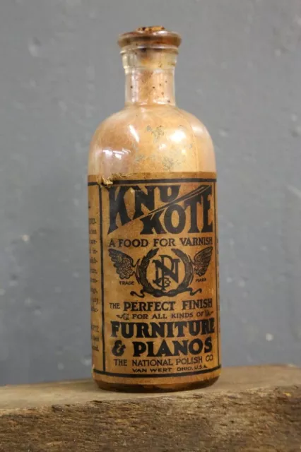 Vtg Knu Kote furniture pianos wood varnish polish glass bottle Jar Van Wert, OH