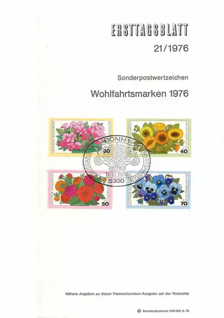 Ersttagsblatt 1976 - Wohlfahrtsmarken Blumen - Sonderpostwertzeichen