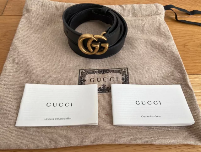 Gucci marmont black leather gold logo slim belt, size 80/UK 8, RRP £320