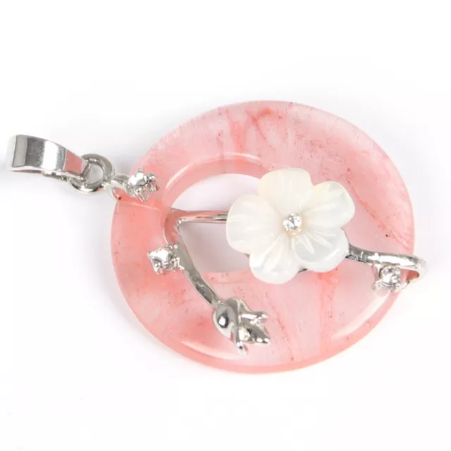 Flower Style Natural Strawberry Quartz Carved Shell Gems Silver Necklace Pendant