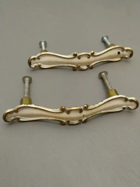 2 Vintage Drawer Pulls French Provincial White Gold~3” Centers Hardware Handles