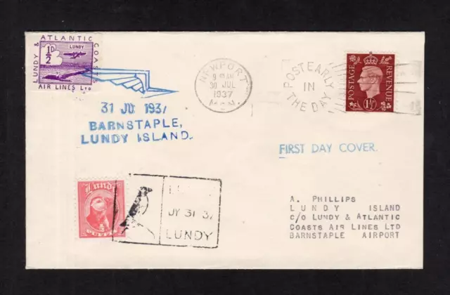 LUNDY: 1/2d LACAL USED ON GB GEORGE VI 11/2d FIRST DAY COVER