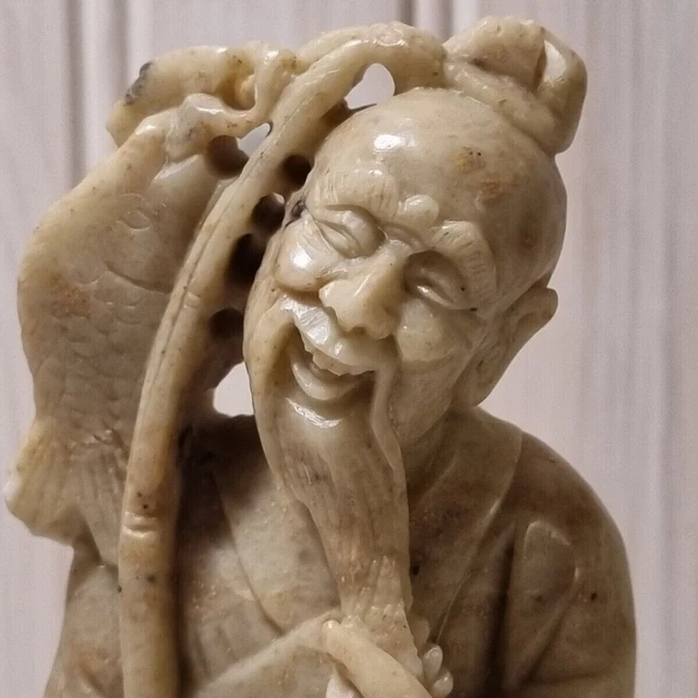 Vintage Hand Carved Stone Figure - Oriental Chinese Fisherman - 20cm High