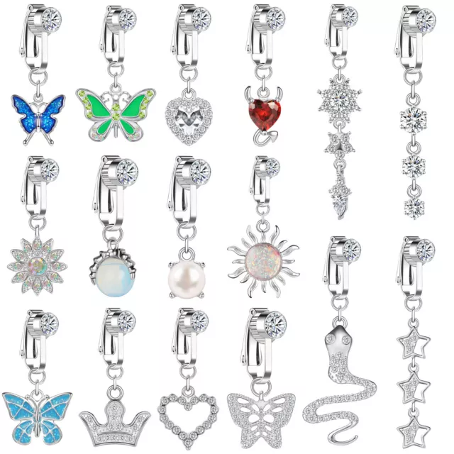 6Pcs/lot Stainless Steel Fake Dangle Belly Rings CZ Clip on Navel Rings Jewelry