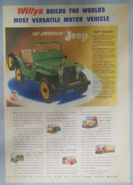 Willys Car Ad: War Time World's Most Versatile Vehicle 1945 Size: 11 x 15 inches