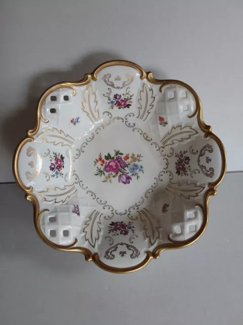 VTG Reichenbach German 11" Floral Pierced Porcelain Footed Bowl Centerpiece