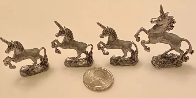 Vintage Lot Of 4 Pewter Unicorn Horse Figurines Magical Fantasy 1.75”-2.5”