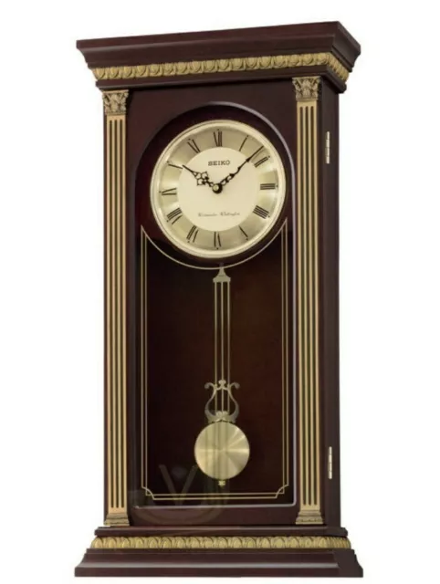 Seiko Long Case Dark Oak Brown Gold Pendulum Kitchen Hall Wall Clock