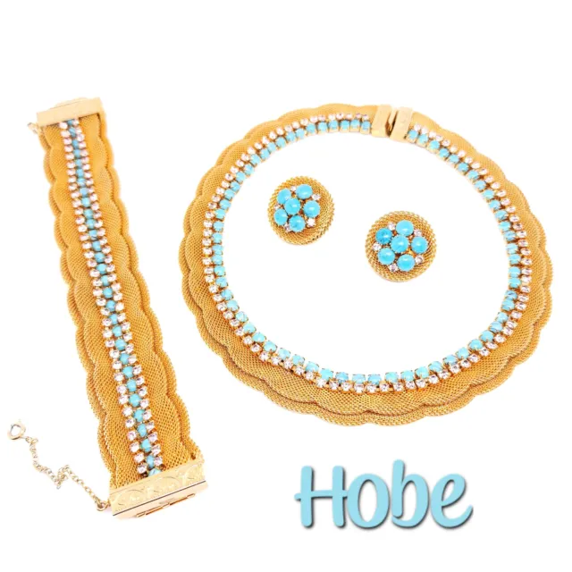 Signed Hobe Blue Purple Gold Mesh Demi-Parure Necklace Bracelet Earrings Set