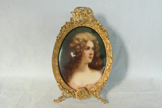 Berlin Kpm Style Porcelain Portrait Plaque Bronze Dore Frame 100% Hand Painted