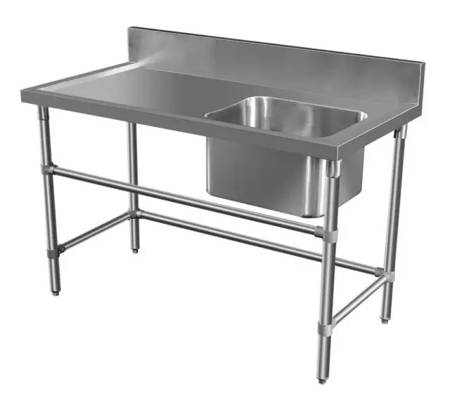 2100 x 600mm COMMERCIAL SINGLE RIGHT BOWL KITCHEN SINK STAINLESS STEEL BENCH E0