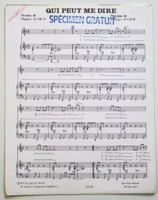 Partition vintage sheet music HUGUES AUFRAY : Qui Peut Me Dire * 70's Augier