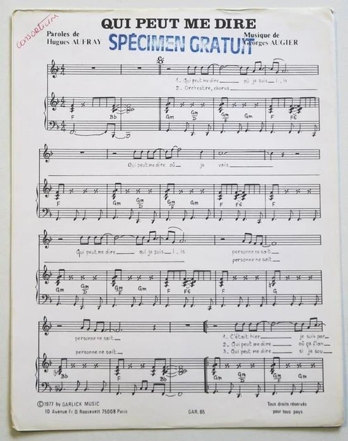 Partition vintage sheet music HUGUES AUFRAY : Qui Peut Me Dire * 70's Augier